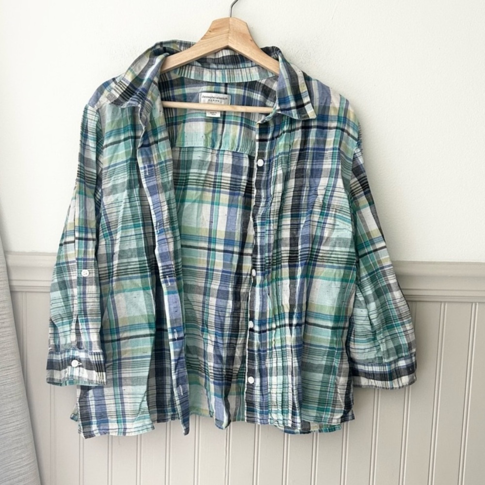 Christopher & Banks Plaid Button Down Shirt Blue XL Petite 100% Cotton